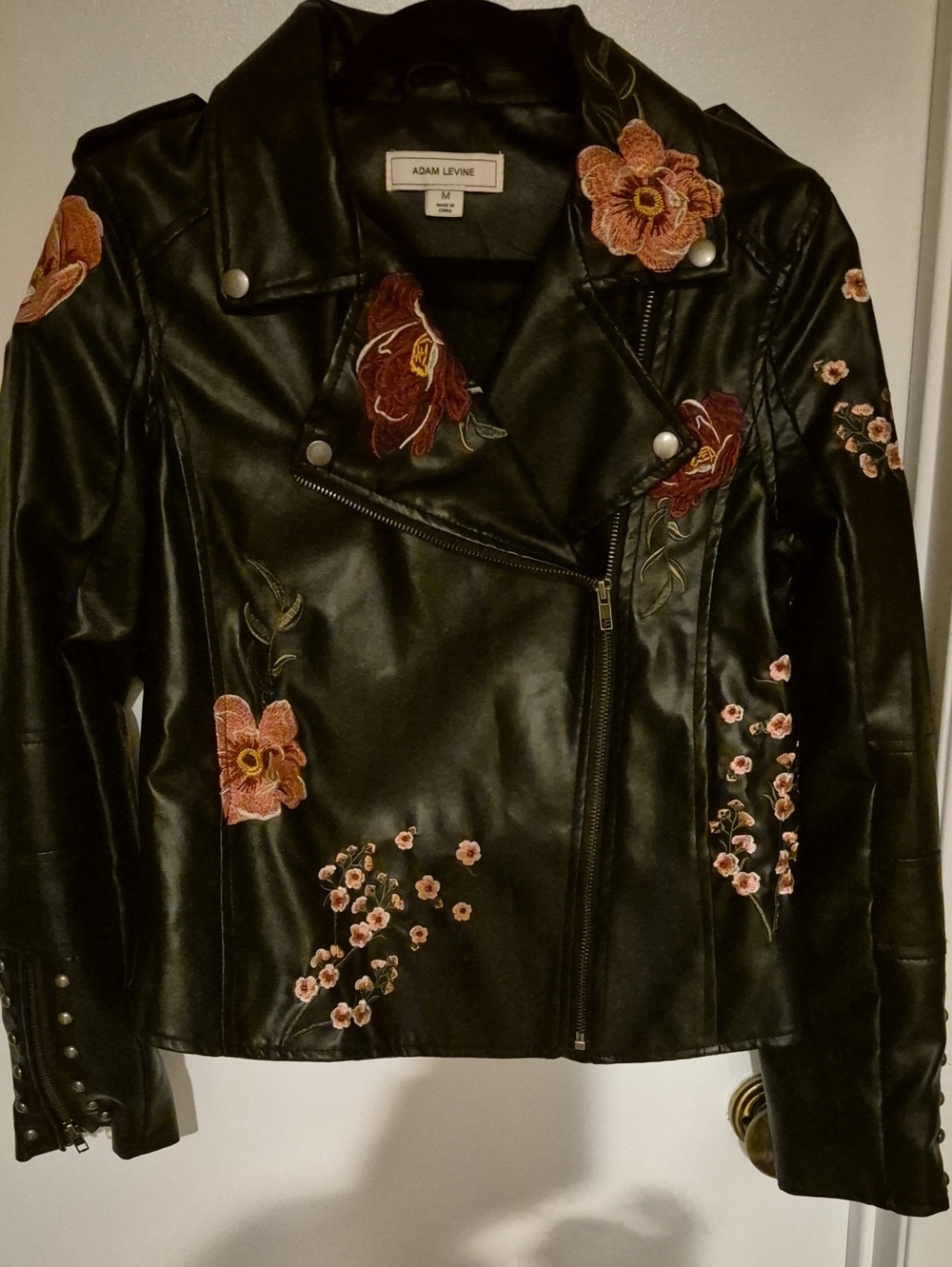 Adam Levine Collection Black Faux Leather Embroidered Moto Jacket